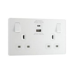 13a 2 Gang Plastic Switched Socket With 1x USB-QC A 27W 1 x USB-PD C 30W